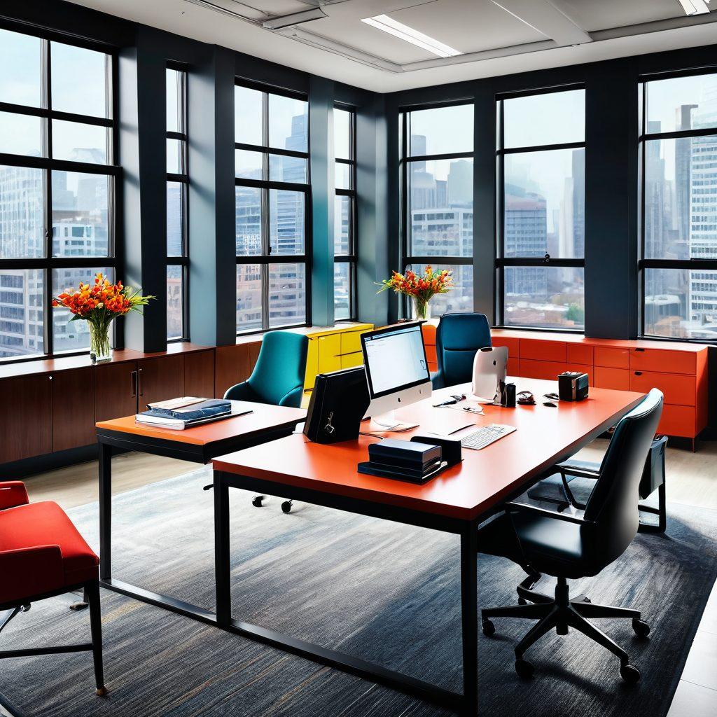 A stylish and elegant office setting showcasing diverse professionals wearing premium tailored uniforms, featuring vibrant colors and intricate details. Incorporate elements like a sleek desk, modern decor, and natural light streaming through large windows, enhancing the atmosphere of sophistication and joy. Show a sense of camaraderie among the team as they collaborate. super-realistic. vibrant colors. professional ambiance.