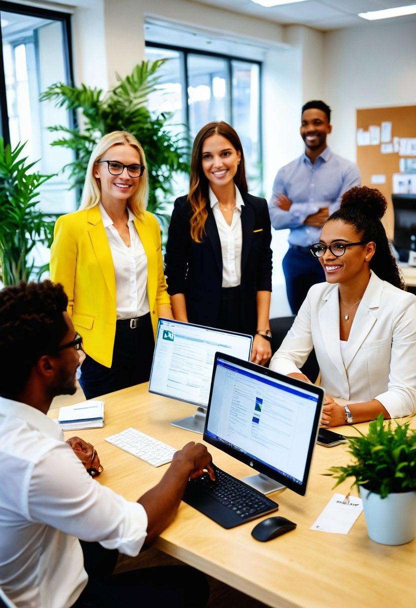 A diverse group of employees wearing stylish, tailored workwear, engaging in a lively brainstorming session in a bright, modern office. The atmosphere is filled with positivity, showcasing smiles and collaborative spirit. Highlight elements like personalized name tags and sleek, comfortable designs that promote professionalism and comfort. Incorporate a mix of workstations and greenery for a refreshing vibe. super-realistic. vibrant colors. modern office environment.