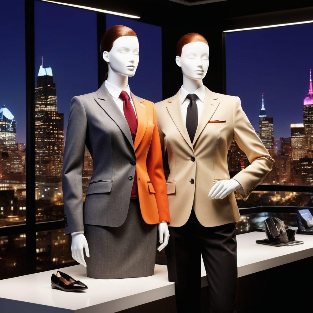A visually striking composition of well-tailored uniforms on mannequins, set against a sleek, modern workspace. Incorporate diverse professionals, showcasing the impact of high-quality attire on brand image. Include elements like a logo display and a backdrop of a bustling city to symbolize professionalism and brand visibility. Use warm lighting to evoke a sense of confidence and trust. modern, super-realistic, vibrant colors.